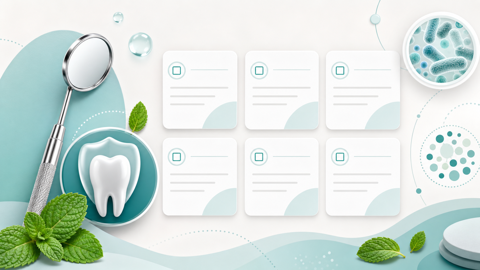 Dental mirror and checklist illustration for reviewing an oral microbiome supplement offer